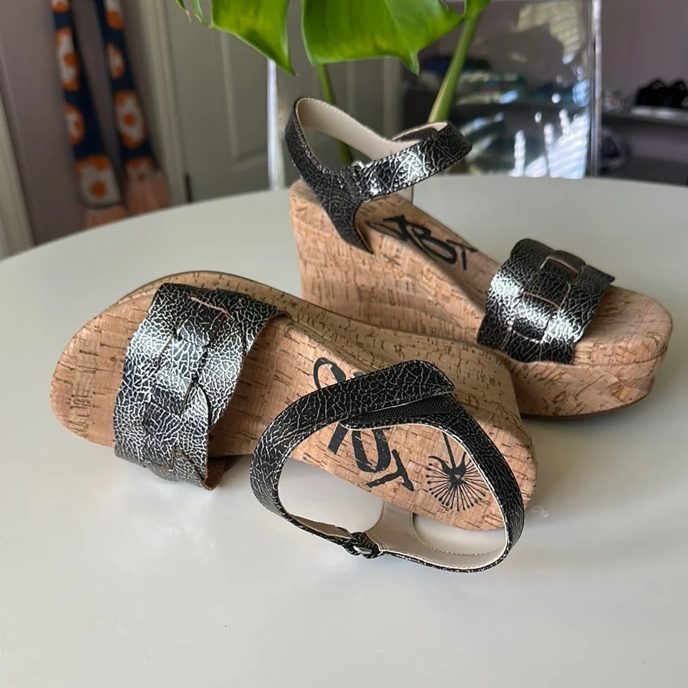OTBT Charleston - Silver, Black and Tan Wedge Sandals with Cork Heel
